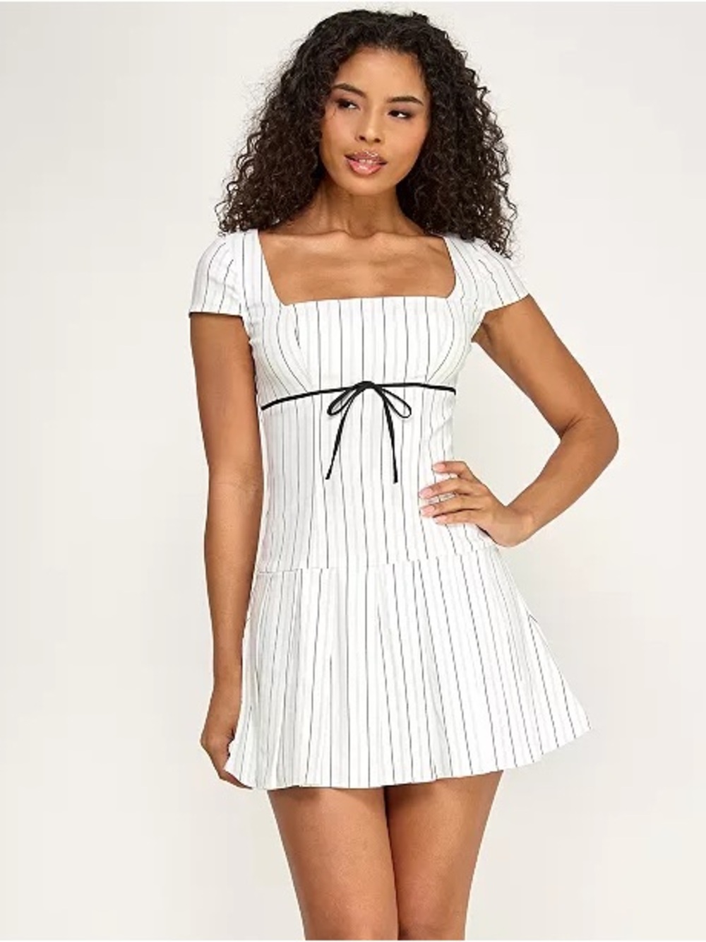 B Darlin White Mini Dress with Black Pinstripes and Bow Size 1/2 XS Coquette